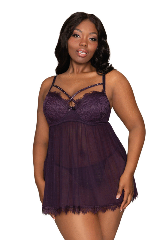 Eyelash Lace with Rhinestones Babydoll Set Plus-1