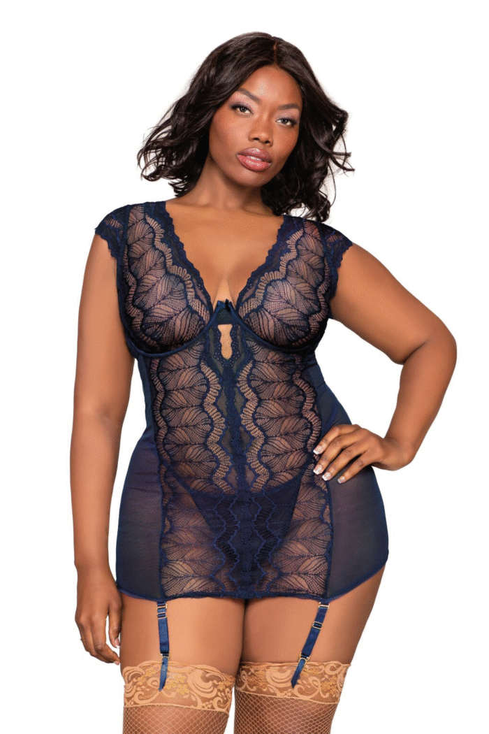 Plunge Lace Garter Slip Set Plus-1