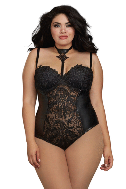 Venice Lace and Faux Leather Collared Teddy Plus-1