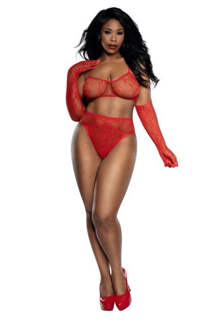 Lace Bralette with Panty and Gloves Plus-1