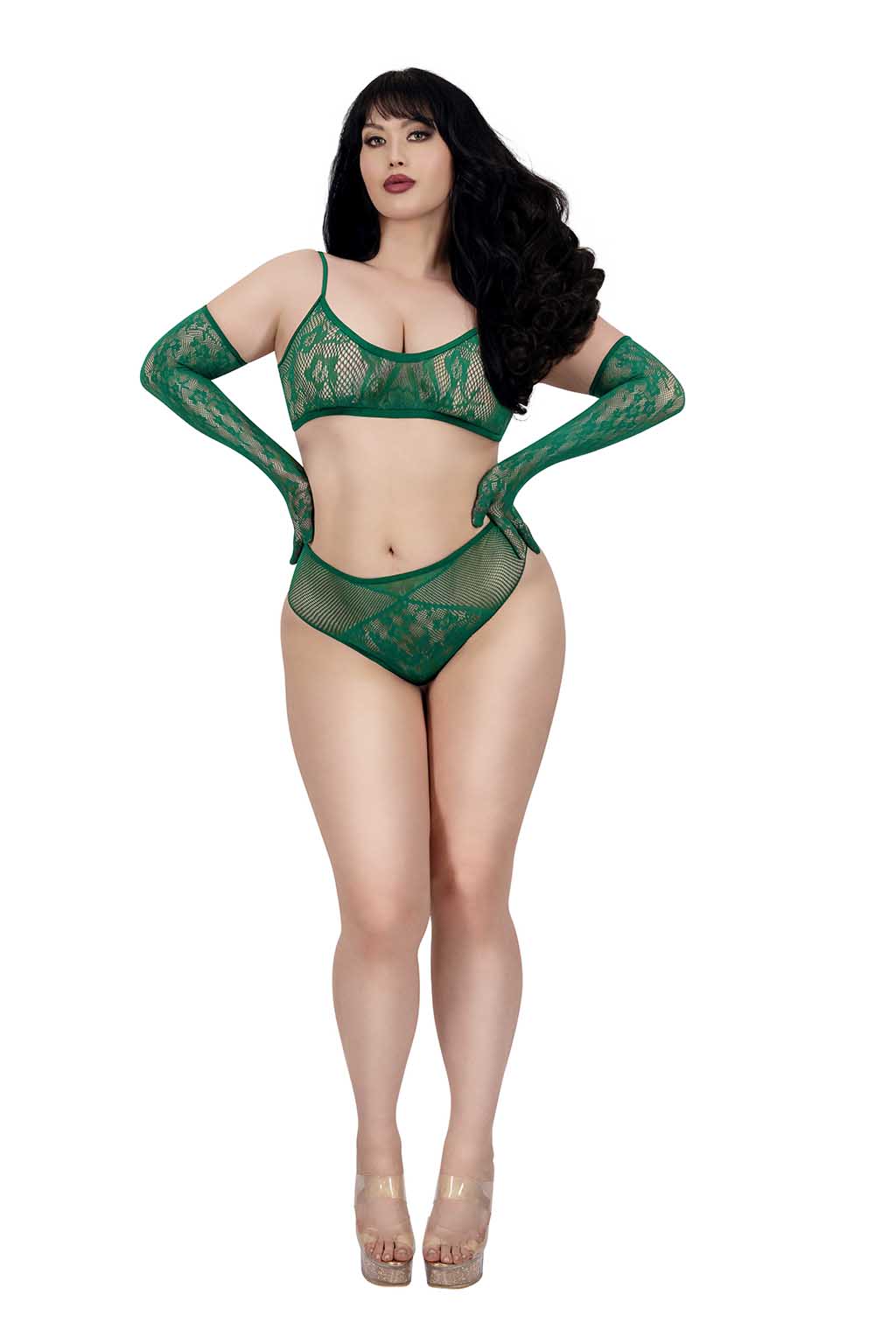 13963-GRN-frt Lace Bralette Set with Gloves Plus-1